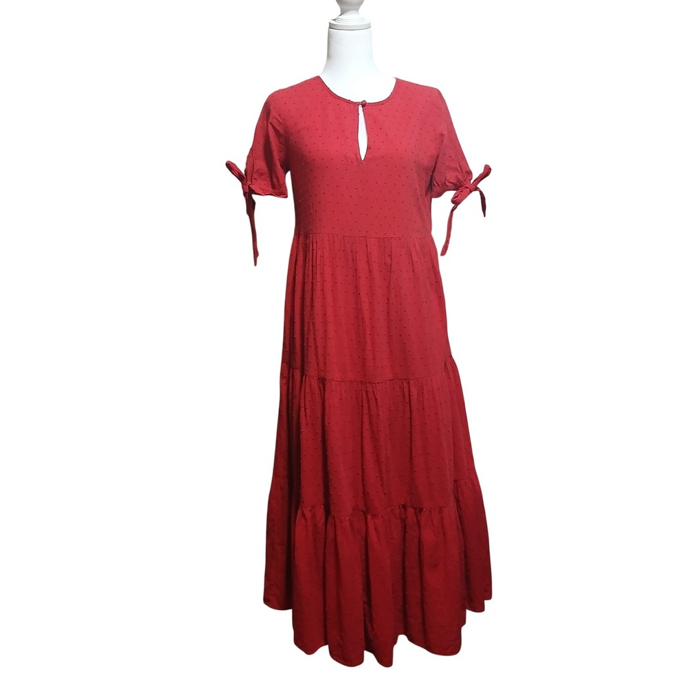 Madewell Red Swiss Dot Tiered Midi‎ Dress Tie Sleeve XS Cotton Keyhole Lined - Picture 3 of 8